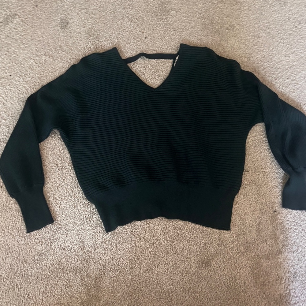 Dark Green V Neck Long Sleeve Backless Blouse